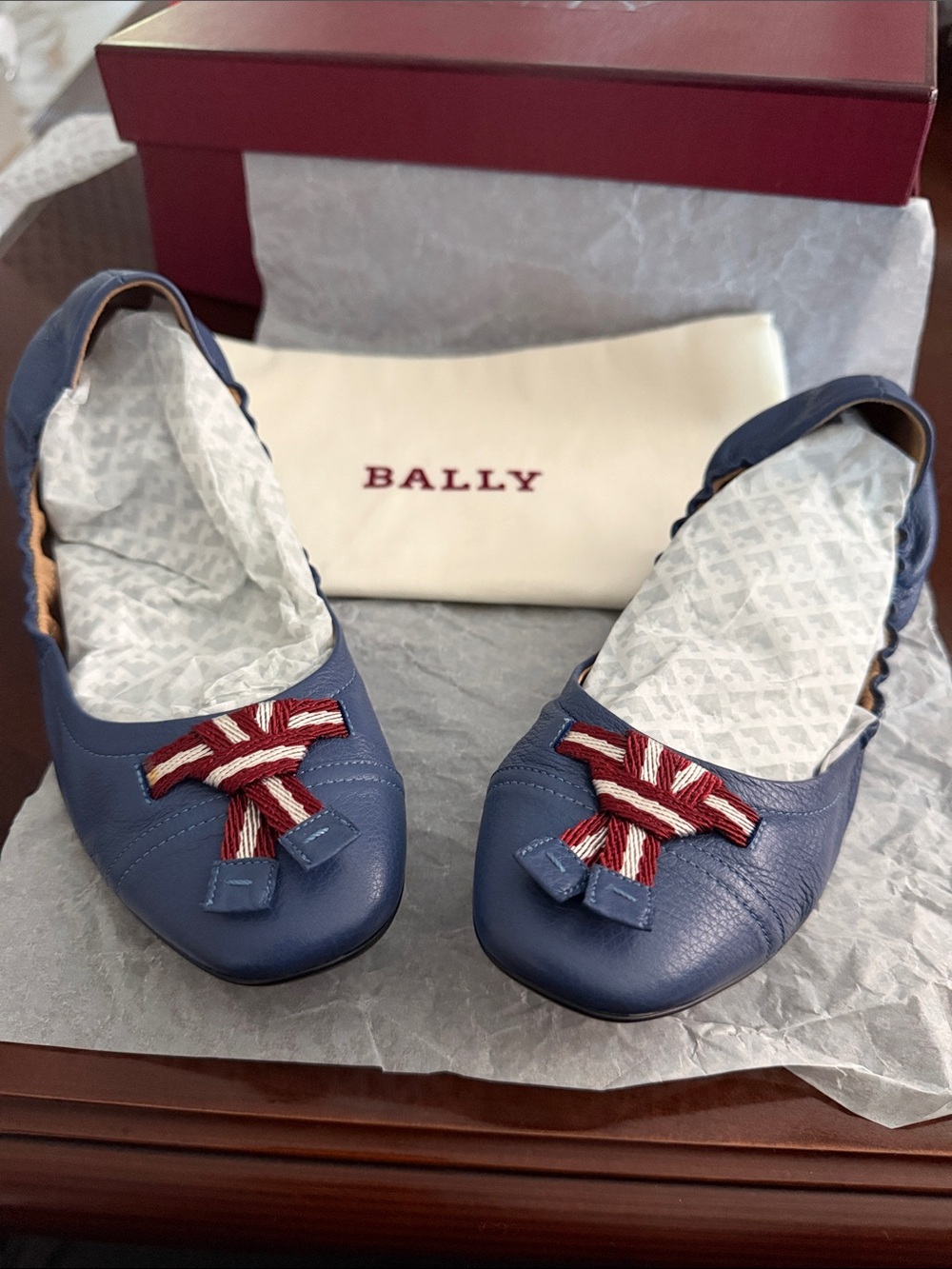 Bally Blue Leather Ballet Flats with Red & White Ribbon Bows